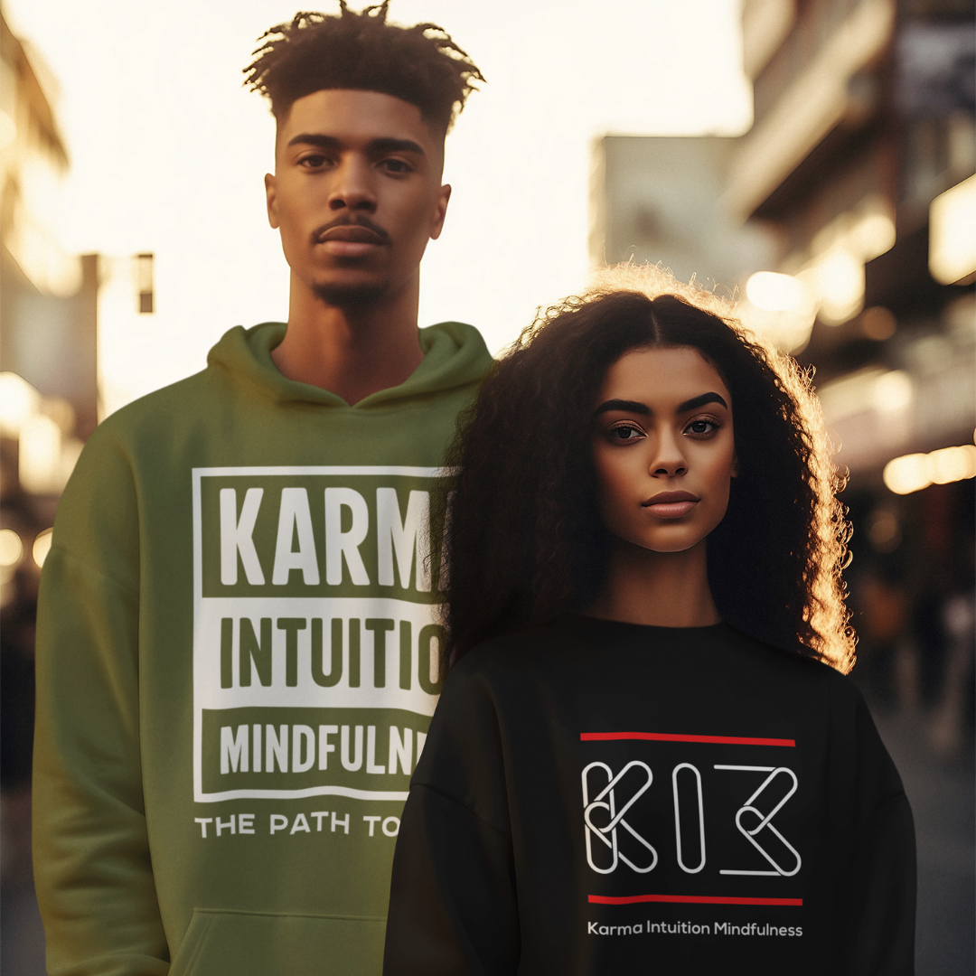 Couple Wearing Karma Intuition Mindfulness Hoodie and KIM Defined Sweatshirt