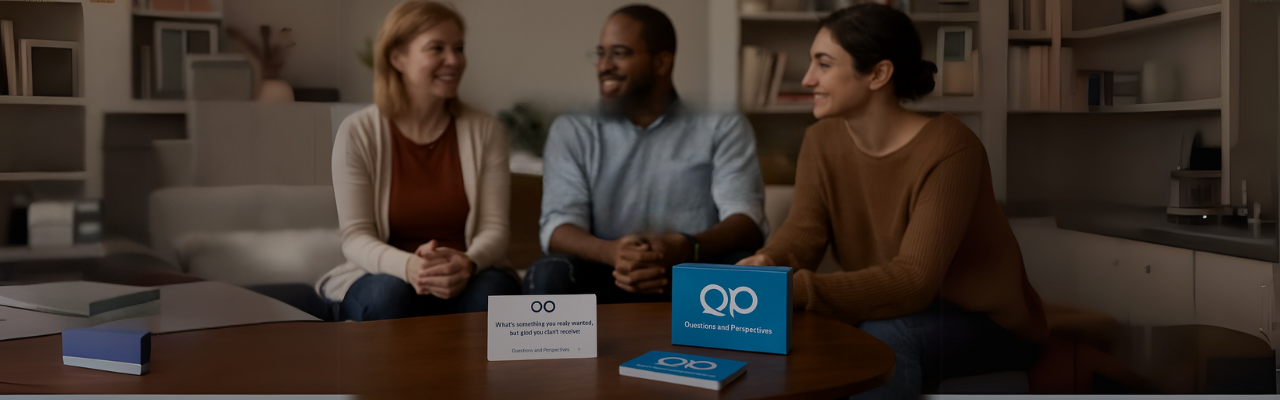 people using the question and perspective cards to have a conversation